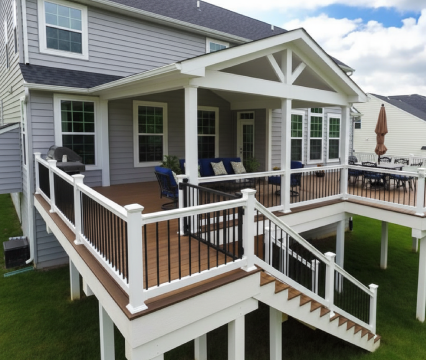 deck-1 Suburban Wooden Deck with Outdoor Furniture and Plants, Low Angle View